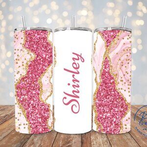 Personalized Pink Tumbler, Glitter Stainless Steel Tumbler, 20oz Name Cup